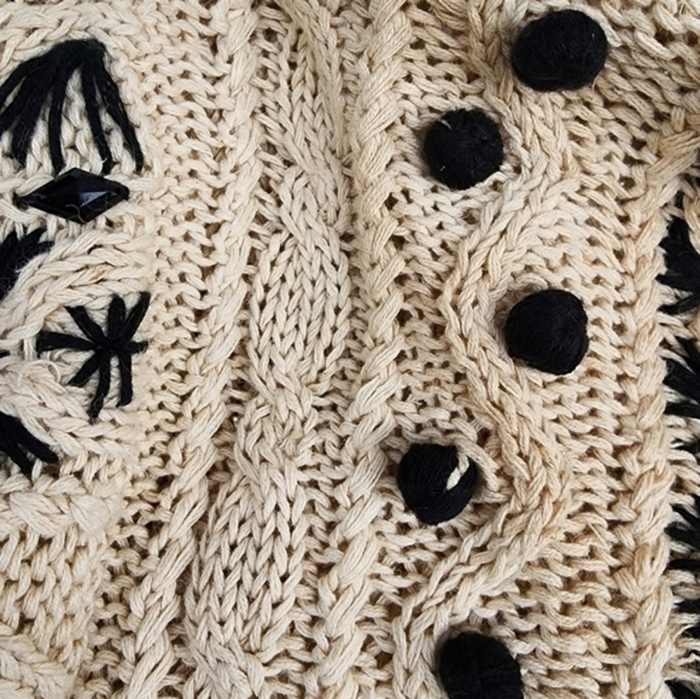 Vintage Cotton Ramie Popcorn Cable Knit Sweater Black Cream M/L - Picture 3 of 16